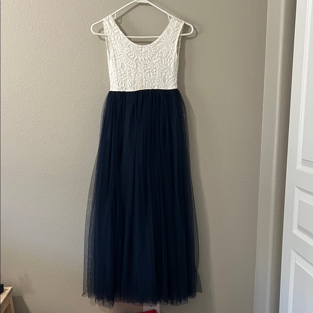 Elegant White and Navy Blue Lace Dress